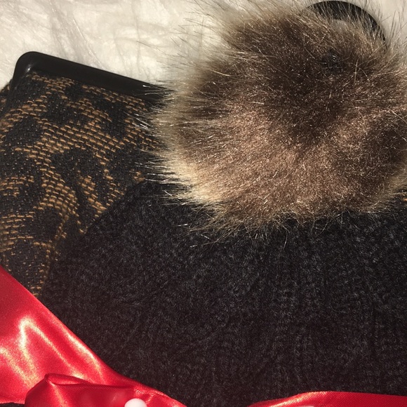 Black Hat with fuzzy ball and Cheetah Scarf NWOT - Picture 2 of 3